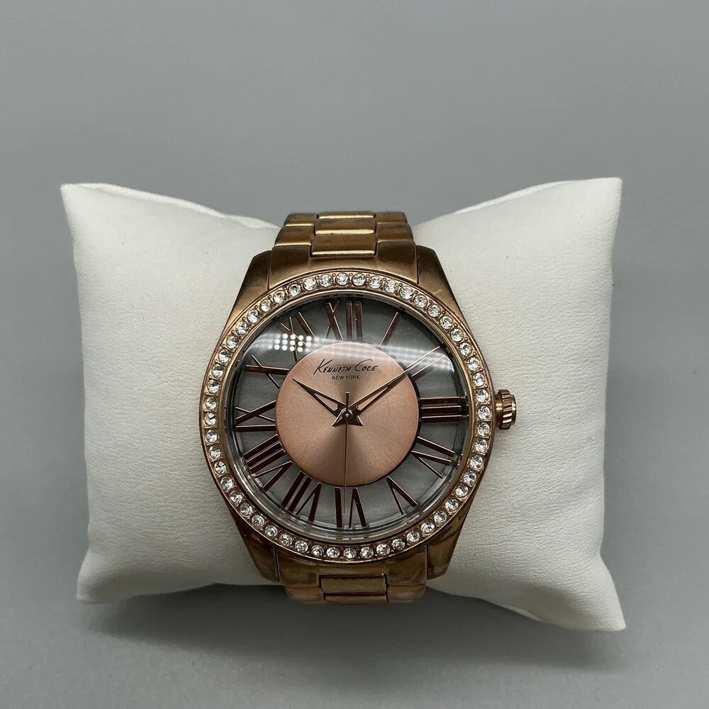 Kenneth Cole Womens Watch 40mm Rose Gold Dial Crystal Bezel New Battery 6.25